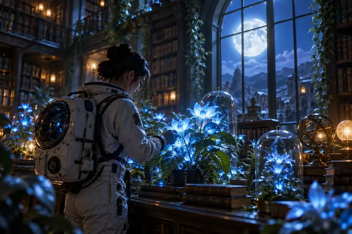 Astronaut tending glowing plants inside a moonlit library, surrounded by intimate blue light