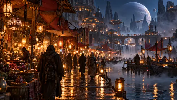 Night market on a distant planet glowing with lanterns, mist, and tiny moving figures