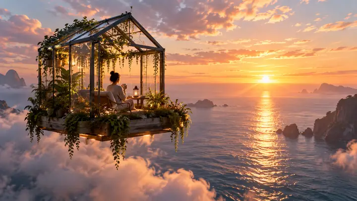 Tiny glass greenhouse floating above a calm ocean at sunrise, shown in a cinematic wide frame