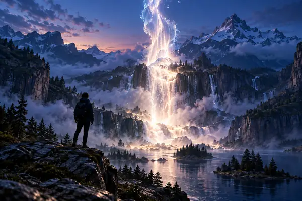 A luminous waterfall flowing upward through a mountain valley at blue hour