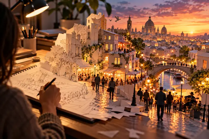 Paper city unfolding from a desk sketch into a warm lively evening street