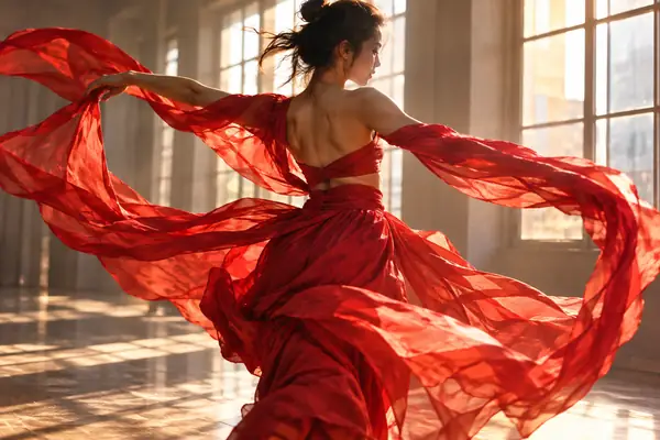 Dancer in a red silk outfit turning through a sunlit studio with fabric suspended in motion