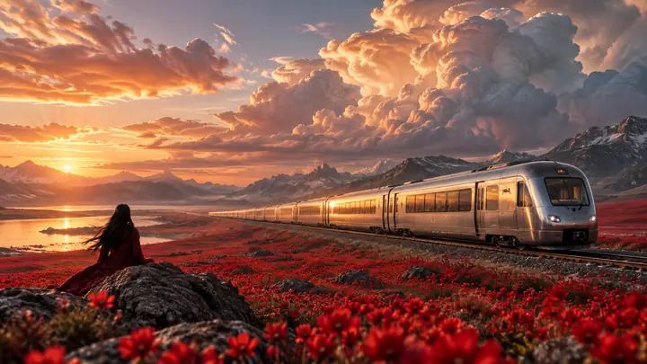 Silver train crossing a red flower desert beneath enormous clouds, framed as an elegant wide shot