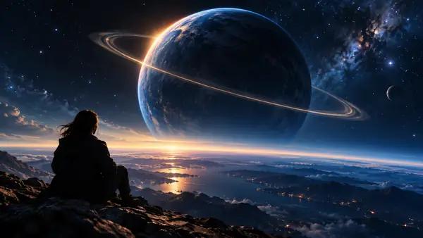 Velvet planet orbiting above a deep blue horizon with a delicate ring of light