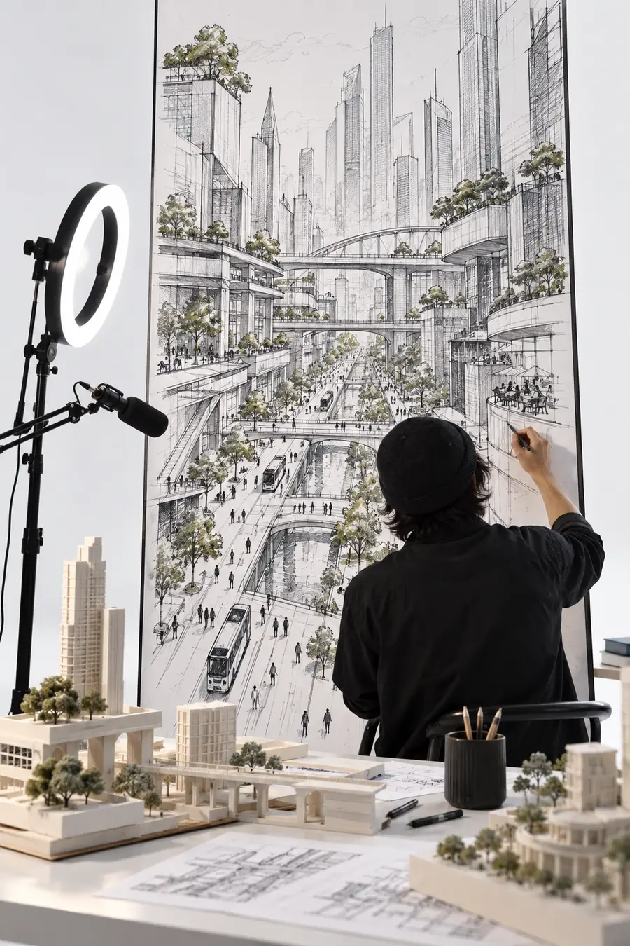 Illustrative sketch-style city concept